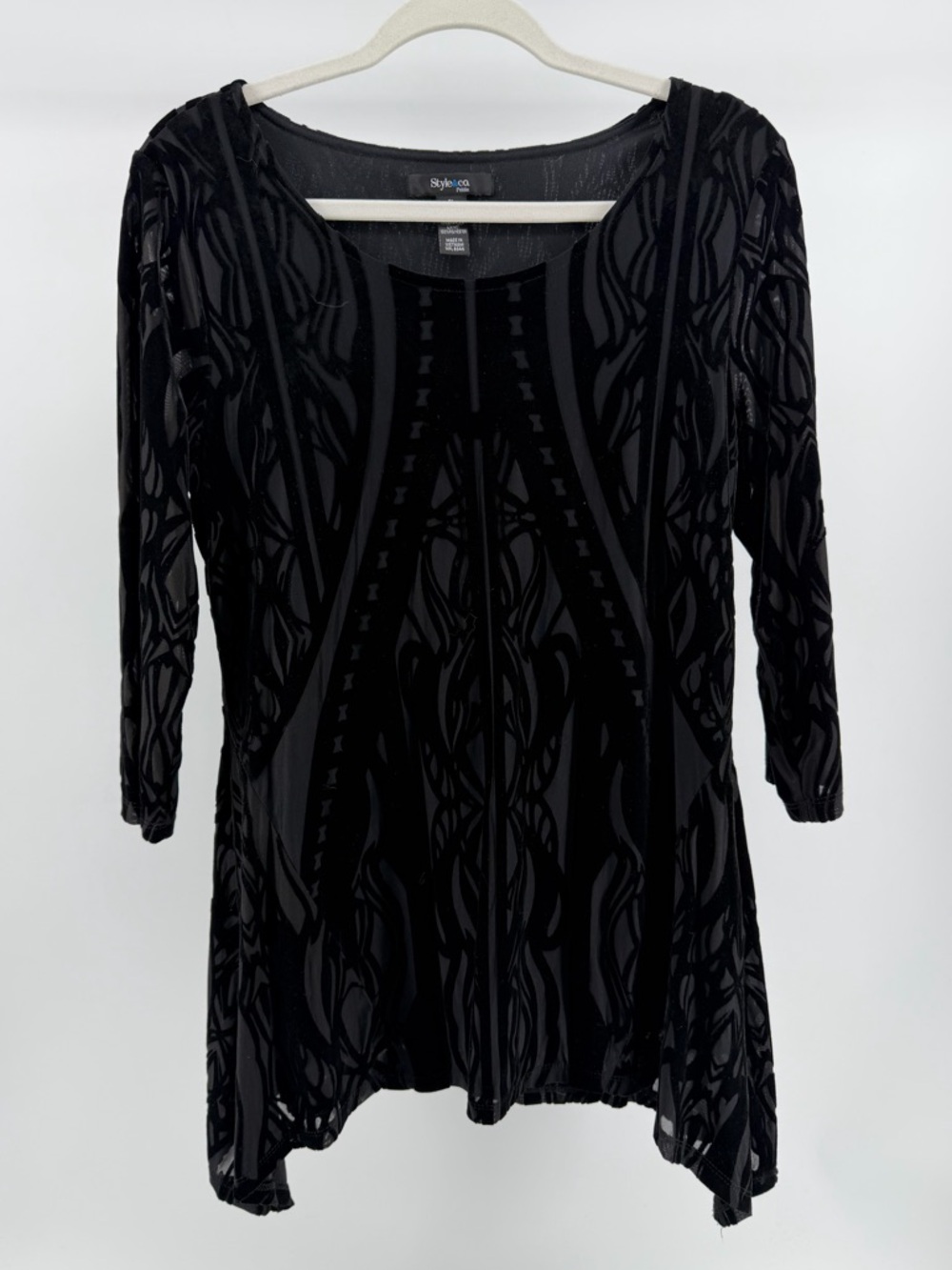 Style & Co. Black Burnout Velvet 3/4 Sleeve Tunic Top, Women's Large Petite